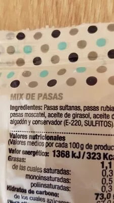 Lista de ingredientes del producto Mix de pasas Hacendado 