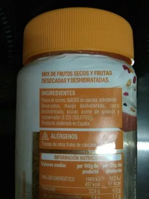 Lista de ingredientes del producto Combinado de frutas desecadas y frutos secos Hacendado 