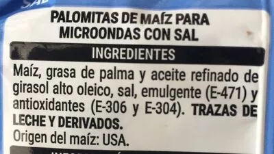 Lista de ingredientes del producto Palomitas microondas Hacendado 90g