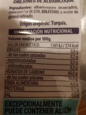 Lista de ingredientes del producto Orejones de albaricoque HACENDADO 200 g