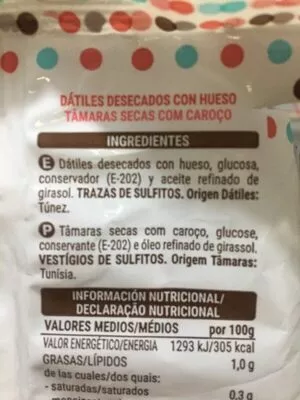 Lista de ingredientes del producto Dátiles con hueso Hacendado 