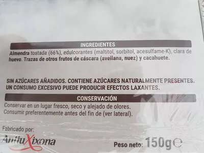 Lista de ingredientes del producto Turrón crema de almendras 0% Hacendado 150 g