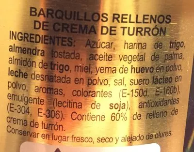 Lista de ingredientes del producto Barquillos rellenos de turrón Hacendado 200 g