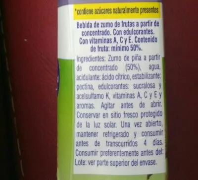 Lista de ingredientes del producto Zumo de piña Hacendado 