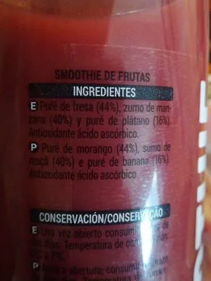 Lista de ingredientes del producto Smoothie fresa morango Hacendado 500 ml