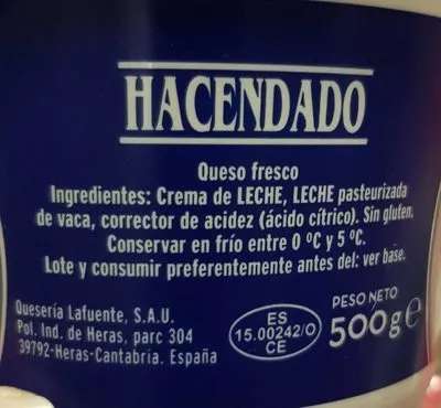 Lista de ingredientes del producto Queso mascarpone Hacendado 500 g