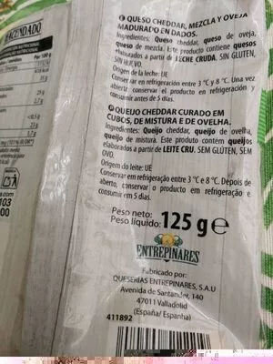 Lista de ingredientes del producto Dados queso Hacendado 125 g