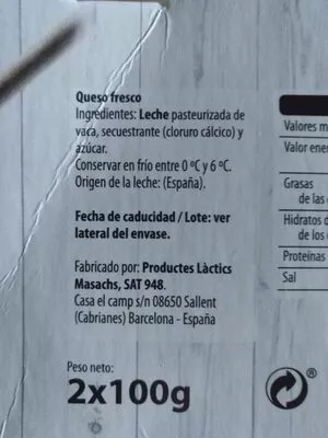 Lista de ingredientes del producto Mató Hacendado 2 x 100 g