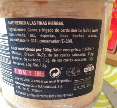 Lista de ingredientes del producto Paté iberico a las finas hierbas Hacendado 200 g