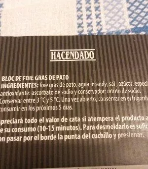 Lista de ingredientes del producto Bloc foie gras de pato Hacendado 