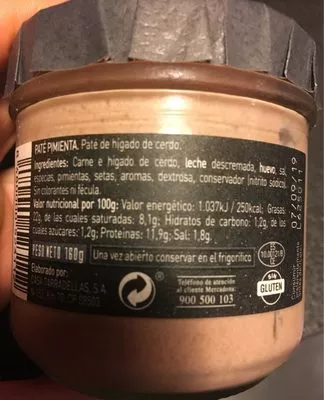 Lista de ingredientes del producto Pate Pimienta Hacendado 160 g