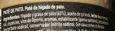 Lista de ingredientes del producto Paté de pato Hacendado 160 g