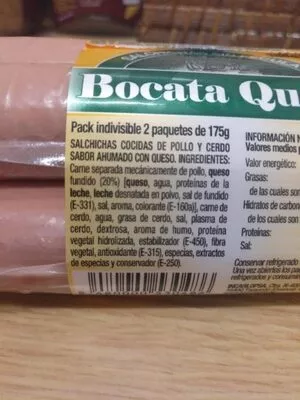 Lista de ingredientes del producto Salchicas sin fécula bocata queso Hacendado 2 x 175 g