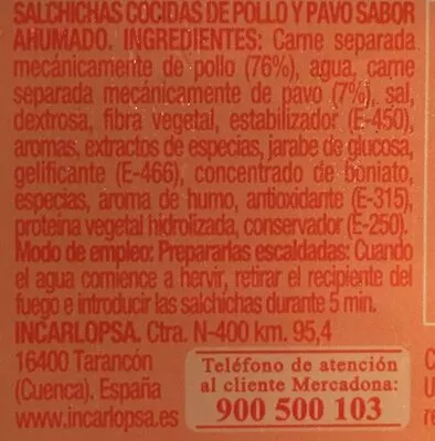 Lista de ingredientes del producto Salchichas pollo y pavo Hacendado 2-200gr