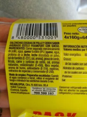 Lista de ingredientes del producto Salchicha estilo frankfurt con queso Hacendado 160 g