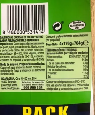 Lista de ingredientes del producto Salchichas estilo frankfurt hacendado 704 g