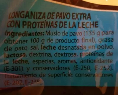 Lista de ingredientes del producto Longaniza de pavo Hacendado 