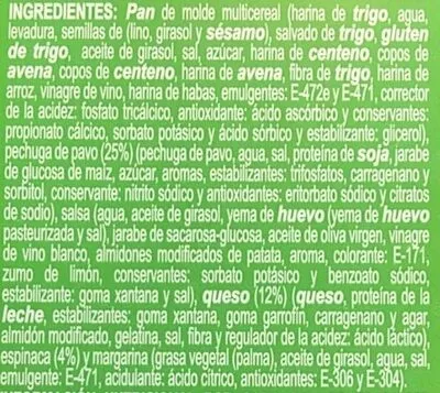 Lista de ingredientes del producto Sandwich pavo, queso y espinacas Hacendado 185 g