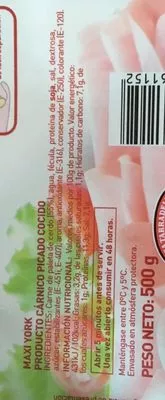 Lista de ingredientes del producto Maxi york finas lonchas Hacendado 500g