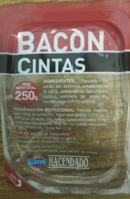 Lista de ingredientes del producto Bacon cintas Hacendado 250 g