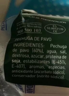 Lista de ingredientes del producto Pechuga de pavo cocoda 0% Hacendado 500 g