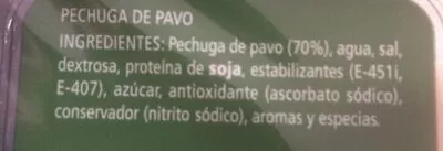 Lista de ingredientes del producto Pechuga de pavo al corte Hacendado 200 g