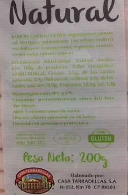 Lista de ingredientes del producto Jamón cocido fiambre natural Hacendado 200 g