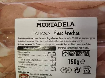 Lista de ingredientes del producto Mortadela Italiana Finas Lonchas Hacendado 150 g