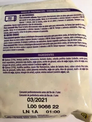 Lista de ingredientes del producto Quinoa con verduras Hacendado 