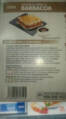 Lista de ingredientes del producto Lasaña de carne a la barbacoa Hacendado 600 g