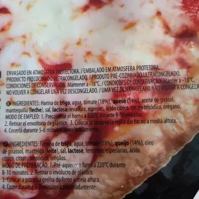 Lista de ingredientes del producto Pizza tomate y queso Hacendado 2 x 285 g