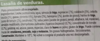 Lista de ingredientes del producto Lasaña verduras Hacendado 