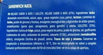 Lista de ingredientes del producto Sandwich nata Hacendado 