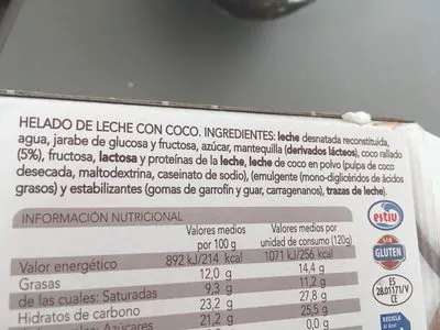 Lista de ingredientes del producto Helados coco Hacendado 350ml 240g