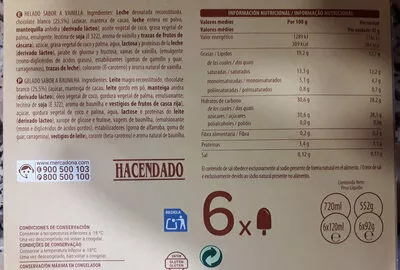 Lista de ingredientes del producto Helado blanco sabor vainilla Hacendado 6 x 120 ml