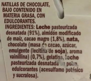 Lista de ingredientes del producto Natillas chocolate 0,9% Hacendado 500 g