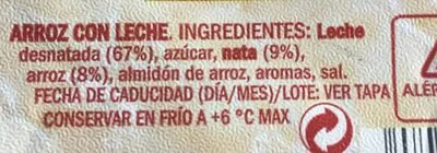 Lista de ingredientes del producto Arroz con Leche Hacendado 450 g