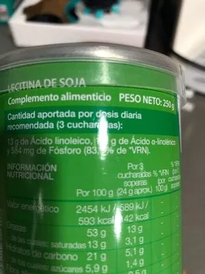 Lista de ingredientes del producto Lecitina de soja Deliplus 250 g