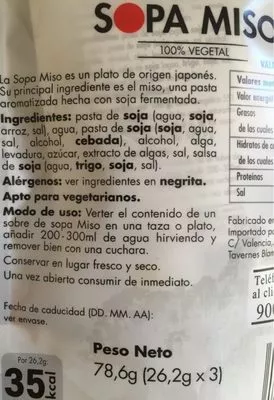 Lista de ingredientes del producto SOPA MISO Hacendado 78,6 g (3 unidades)