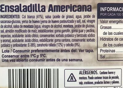 Lista de ingredientes del producto Ensaladilla americana Hacendado 