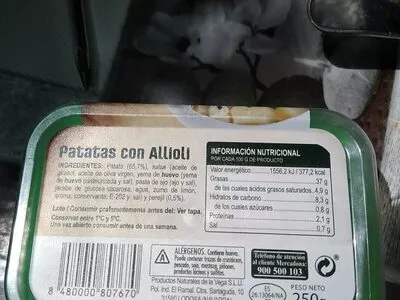 Lista de ingredientes del producto Patatas con Allioli Hacendado 250 g