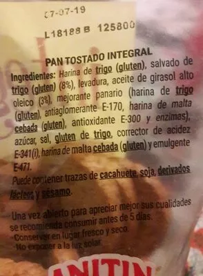 Lista de ingredientes del producto Pan tostado integral Hacendado 