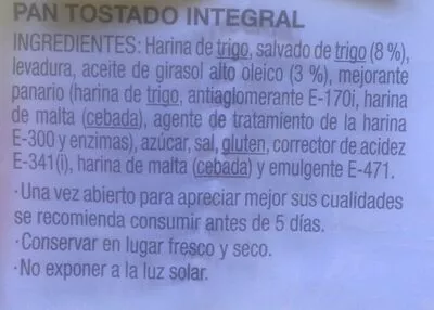 Lista de ingredientes del producto Pan tostado integral Hacendado 550 g