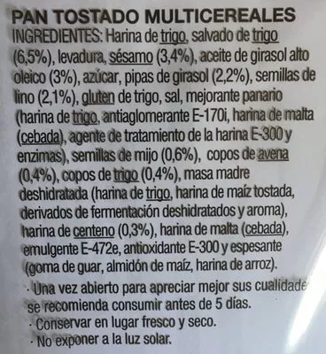 Lista de ingredientes del producto Pan tostado multicereales Hacendado 