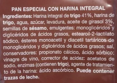 Lista de ingredientes del producto Pan de hamburguesa integral Hacendado 330 g