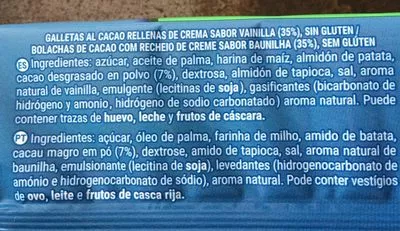 Lista de ingredientes del producto Galletas rellenas sin gluten Hacendado 270 g