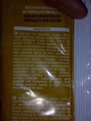 Lista de ingredientes del producto Bizcocho recubierto de chocolate sin gluten Hacendado 