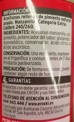 Lista de ingredientes del producto Aceitunas rellenas de pimiento Eroski 350 g