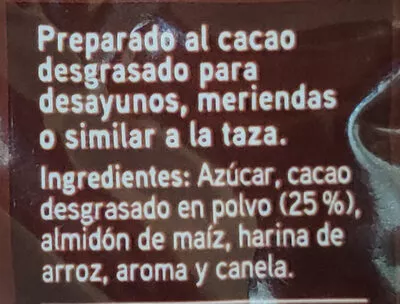 Lista de ingredientes del producto Preparado de cacao a la taza Eroski 