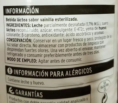 Lista de ingredientes del producto Batido sabor vainilla Eroski 